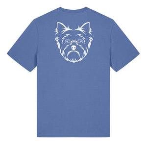 White outline illustration of the head of a Yorkshire Terrier on the back of a bright blue unisex t-shirt