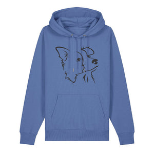 Black outline illustration of the head of a Border Collie on the front of a bright blue unisex Hoodie