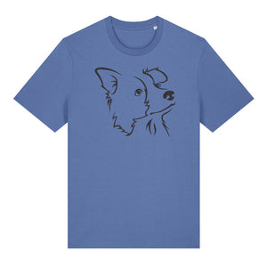 Black outline illustration of the head of a Border Collie on the front of a bright blue unisex t-shirt