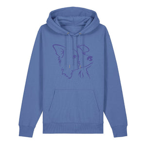 Blue outline illustration of the head of a Border Collie on the front of a bright blue unisex Hoodie