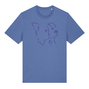 Blue outline illustration of the head of a Border Collie on the front of a bright blue unisex t-shirt