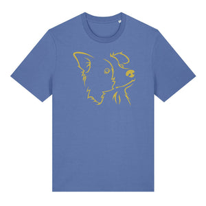 Gold outline illustration of the head of a Border Collie on the front of a bright blue unisex t-shirt
