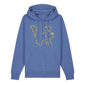 Gold outline illustration of the head of a Border Collie on the front of a bright blue unisex Hoodie
