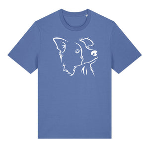 White outline illustration of the head of a Border Collie on the front of a bright blue unisex t-shirt
