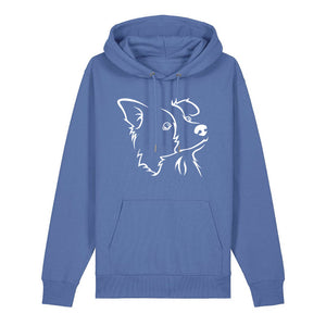 White outline illustration of the head of a Border Collie on the front of a bright blue unisex Hoodie