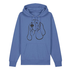 Black outline illustration of the head of a Basset Hound on the front of a bright blue unisex Hoodie