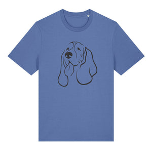 Black outline illustration of the head of a Basset Hound on the front of a bright blue unisex t-shirt