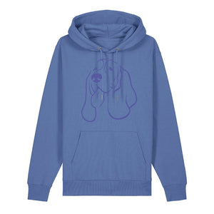 Blue outline illustration of the head of a Basset Hound on the front of a bright blue unisex Hoodie