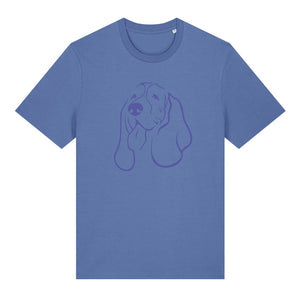 Blue outline illustration of the head of a Basset Hound on the front of a bright blue unisex t-shirt