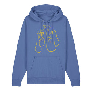 Gold outline illustration of the head of a Basset Hound on the front of a bright blue unisex Hoodie