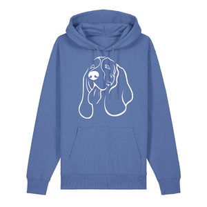 White outline illustration of the head of a Basset Hound on the front of a bright blue unisex Hoodie