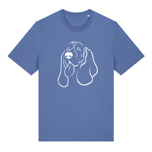White outline illustration of the head of a Basset Hound on the front of a bright blue unisex t-shirt