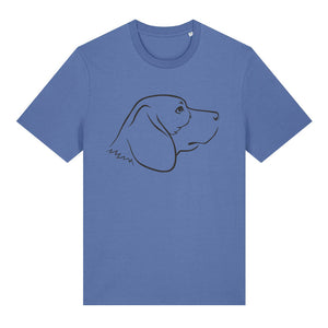 Black outline illustration of the head of a Beagle on the front of a bright blue unisex t-shirt