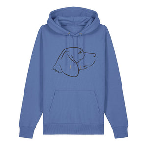 Black outline illustration of the head of a Beagle on the front of a bright blue unisex Hoodie