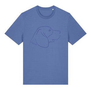 Blue outline illustration of the head of a Beagle on the front of a bright blue unisex t-shirt