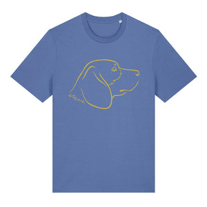 Gold outline illustration of the head of a Beagle on the front of a bright blue unisex t-shirt