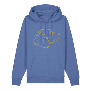 Gold outline illustration of the head of a Beagle on the front of a bright blue unisex Hoodie
