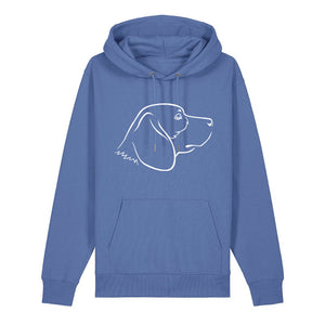 White outline illustration of the head of a Beagle on the front of a bright blue unisex Hoodie