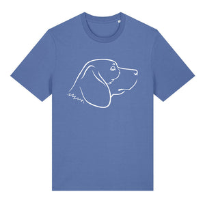 White outline illustration of the head of a Beagle on the front of a bright blue unisex t-shirt