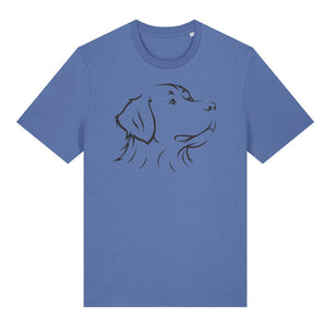 Black outline illustration of the head of a Bernese Mountain Dog on the front of a bright blue unisex t-shirt