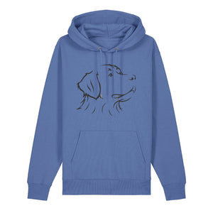 Black outline illustration of the head of a Bernese Mountain Dog on the front of a bright blue unisex Hoodie