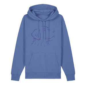 Blue outline illustration of the head of a Bernese Mountain Dog on the front of a bright blue unisex Hoodie