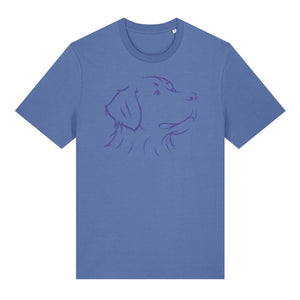 Blue outline illustration of the head of a Bernese Mountain Dog on the front of a bright blue unisex t-shirt