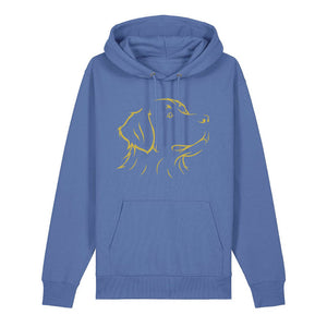 Gold outline illustration of the head of a Bernese Mountain Dog on the front of a bright blue unisex Hoodie