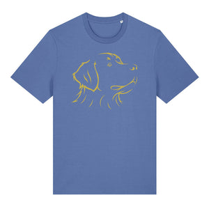 Gold outline illustration of the head of a Bernese Mountain Dog on the front of a bright blue unisex t-shirt