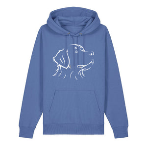 White outline illustration of the head of a Bernese Mountain Dog on the front of a bright blue unisex Hoodie