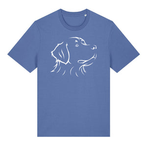 White outline illustration of the head of a Bernese Mountain Dog on the front of a bright blue unisex t-shirt