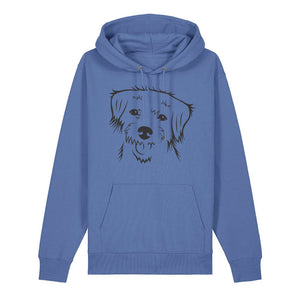 Black outline illustration of the head of a Border Terrier on the front of a bright blue unisex Hoodie