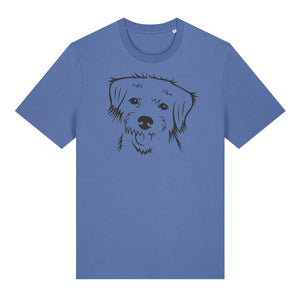 Black outline illustration of the head of a Border Terrier on the front of a bright blue unisex t-shirt