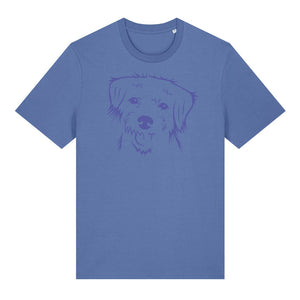 Blue outline illustration of the head of a Border Terrier on the front of a bright blue unisex t-shirt