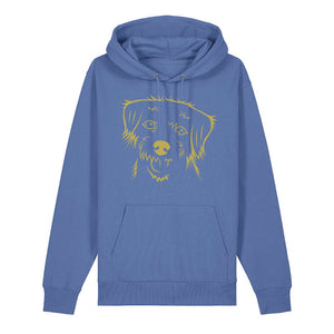 Gold outline illustration of the head of a Border Terrier on the front of a bright blue unisex Hoodie