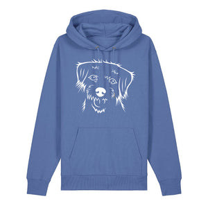 White outline illustration of the head of a Border Terrier on the front of a bright blue unisex Hoodie