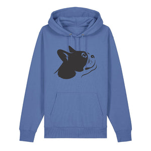 Black outline illustration of the head of a Boston Terrier on the front of a bright blue unisex Hoodie