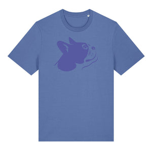 Blue outline illustration of the head of a Boston Terrier on the front of a bright blue unisex t-shirt