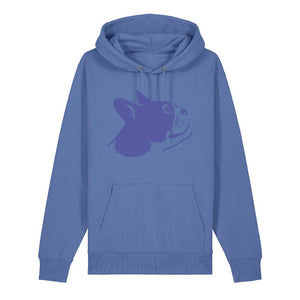 Blue outline illustration of the head of a Boston Terrier on the front of a bright blue unisex Hoodie