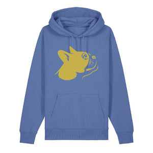 Gold outline illustration of the head of a Boston Terrier on the front of a bright blue unisex Hoodie