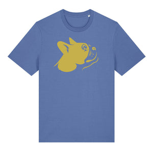 Gold outline illustration of the head of a Boston Terrier on the front of a bright blue unisex t-shirt