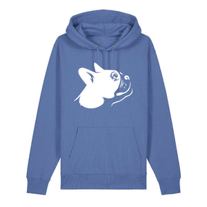 White outline illustration of the head of a Boston Terrier on the front of a bright blue unisex Hoodie
