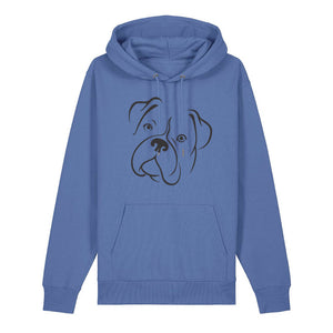 Black outline illustration of the head of a Boxer on the front of a bright blue unisex Hoodie