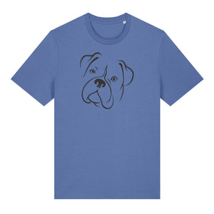 Black outline illustration of the head of a Boxer on the front of a bright blue unisex t-shirt