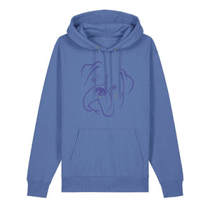 Blue outline illustration of the head of a Boxer on the front of a bright blue unisex Hoodie