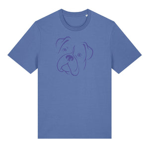 Blue outline illustration of the head of a Boxer on the front of a bright blue unisex t-shirt