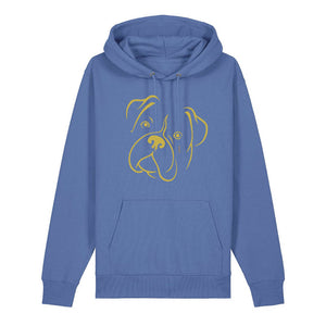 Gold outline illustration of the head of a Boxer on the front of a bright blue unisex Hoodie