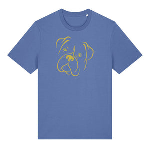 Gold outline illustration of the head of a Boxer on the front of a bright blue unisex t-shirt