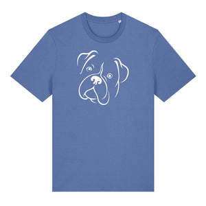 White outline illustration of the head of a Boxer on the front of a bright blue unisex t-shirt