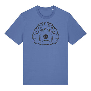 Black outline illustration of the head of a Cockapoo on the front of a bright blue unisex t-shirt